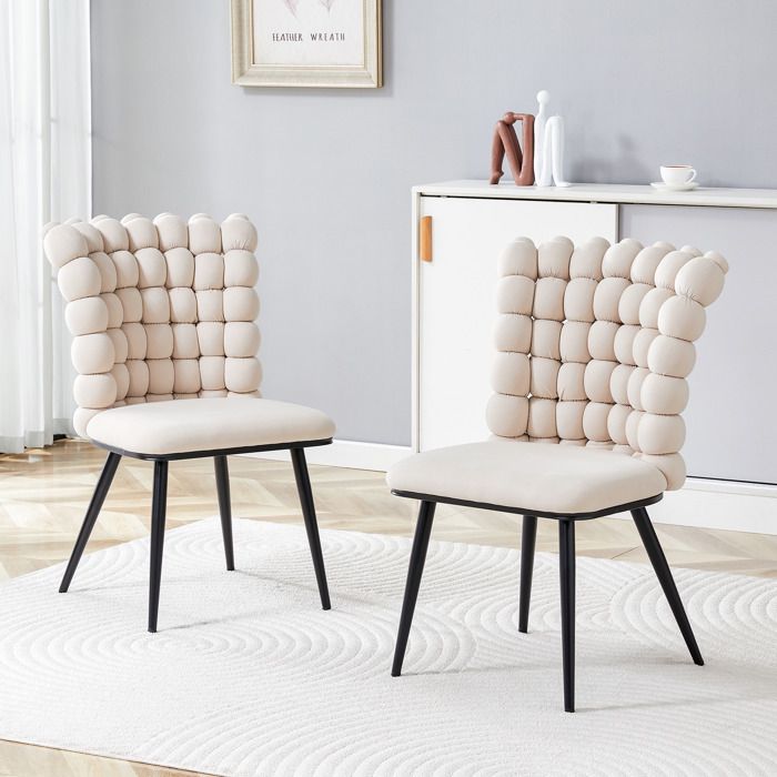 Chaises de Salle à Manger Lot de 2 Chaise Moderne Rembourrée Pieds Métal Noir Velours Beige 54x48x88 cm