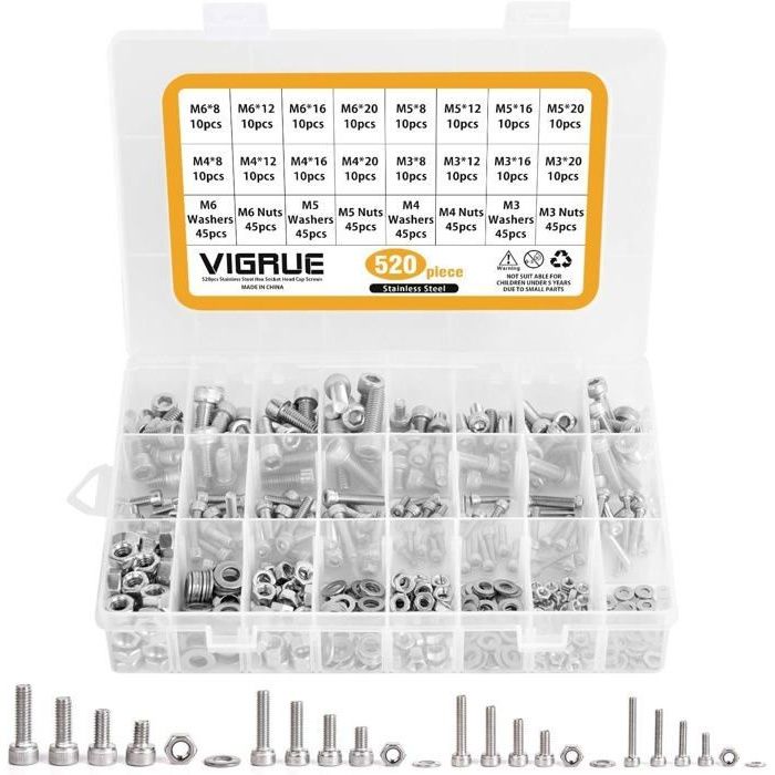 Kit 520 pièces M3 M4 M5 M6 en acier inoxydable bouton à tête hexagonale boulons de câble à tête creuse vis avec assortiment