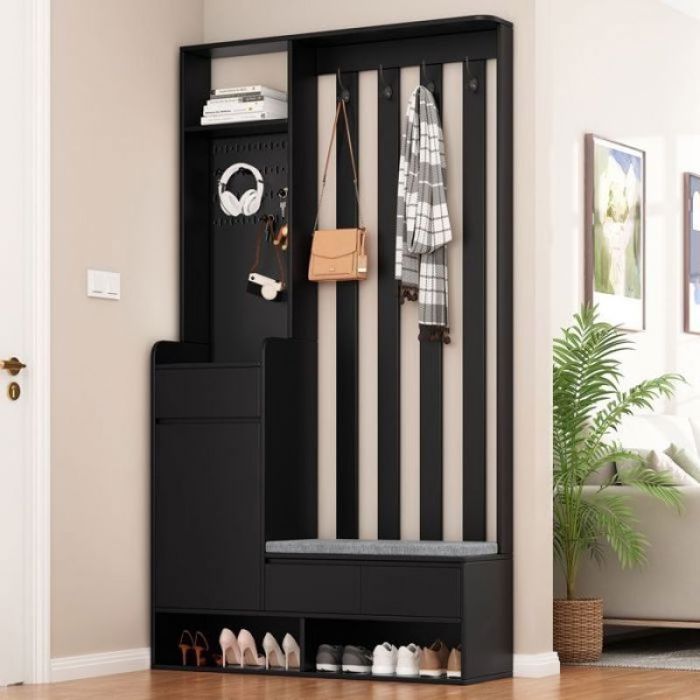 Ensemble Porte-Manteau avec Banc Rembourré Meuble d’Entrée Panneau Perforé 4 Crochets Étagère à Chaussures Noir VESTIAIRE