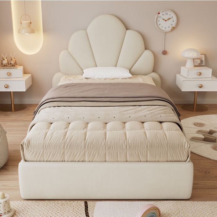 Lit combine 90x200 cm en velours beige avec tête de lit fleurie et tablettes latérales
