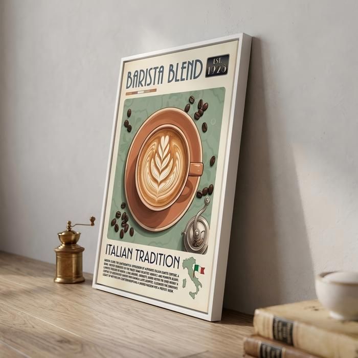 Tableau toile cuisine vintage – Affiche café Barista Blend style italien cadre flottant blanc