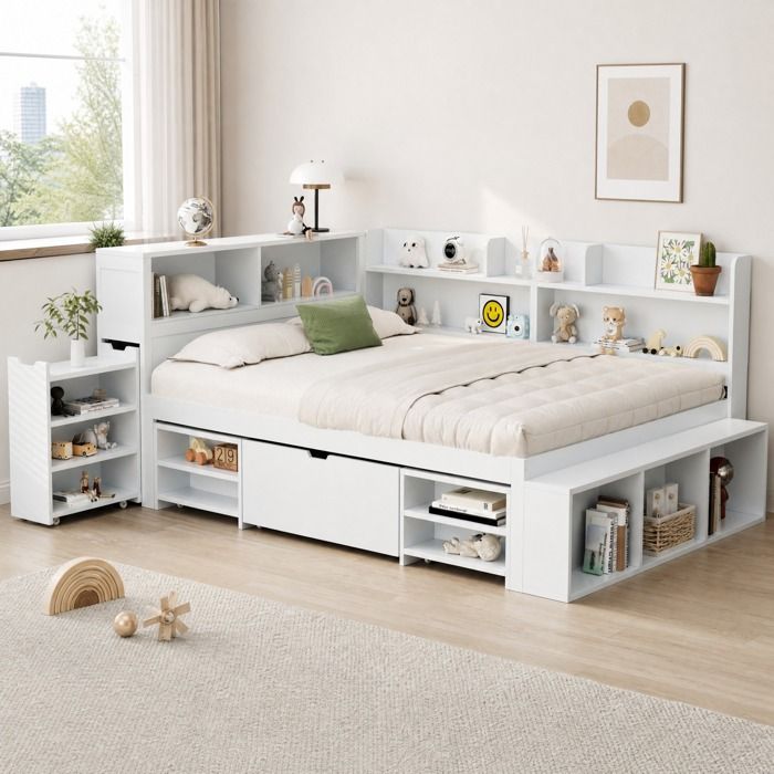 Lit combiné enfant 140 x 200 cm avec tiroir étagères et rangements intégrés - TCQPZ - en contreplaqué blanc