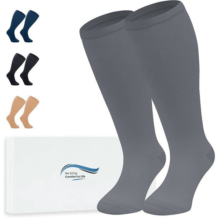 Bas de Contention - 1 Paire Grande Taille Couleur Unie Chaussettes de Compression Femme et Homme - 1paire-gris 4XL