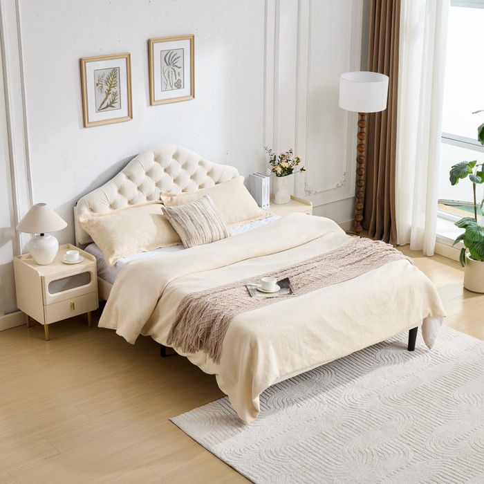 Lit double en velours 140×200 cm avec tête de lit réglable Lit adulte avec sommier à lattes en bois Lit 2 personnes en beige