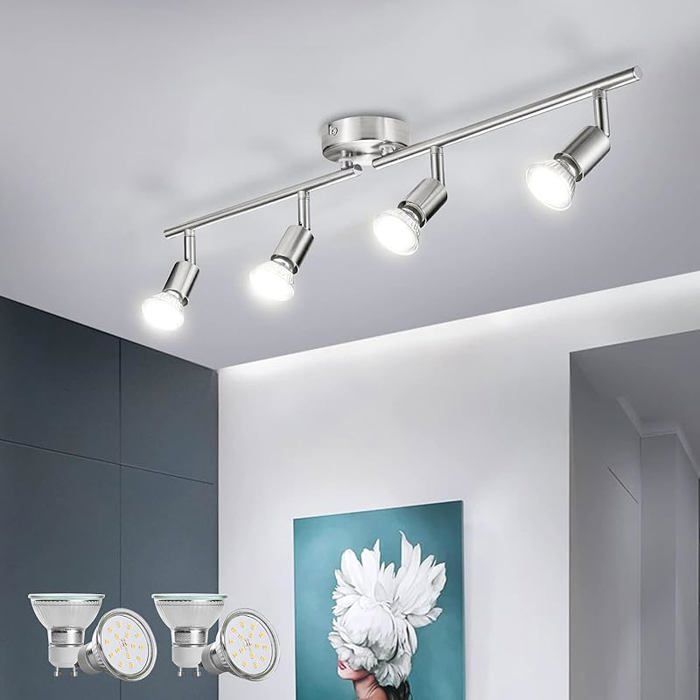Plafonnier LED 4 Spot Luminaire Plafond Lustre Orientable GU10 Light Lampe Eclairage de 4 Spots / Blanc Neutre / Nickel