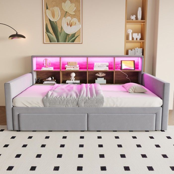 Lit Canapé 90/180x190 Gris - LED Prises 2 Tiroirs - Tête Rangement Lattes - Extensible Confort - Velours Design (sans Matelas)