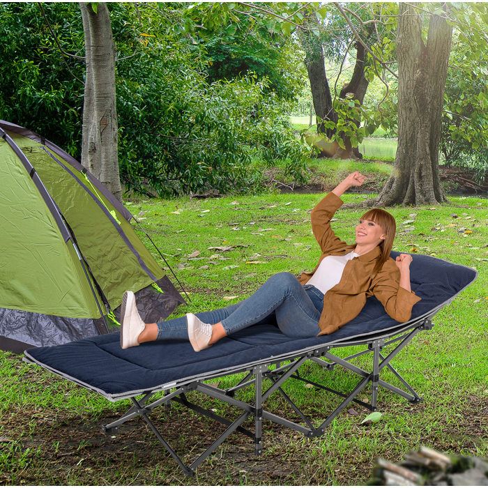 Lit De Camp Pliant Avec Oreiller Intégré Poche Latérale Matelas Réversible En Acier 150 kg Bleu Foncé Gris Lit D Appoint