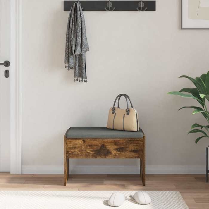 Banc dentrée élégant - ECOHOME - bois dingénierie - chêne fumé - 63 x 38 x 40 cm - Coussin inclus@524288