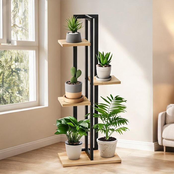 Étagère à plantes escalier 4 niveaux bois sapin naturel et métal noir style industriel 45 x 25 x 110 cm