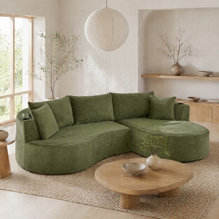 Canapé dangle droit 3 places avec chaiselongue et porte-gobelets - MODENVIE - coussins inclus velours côtelé vert
