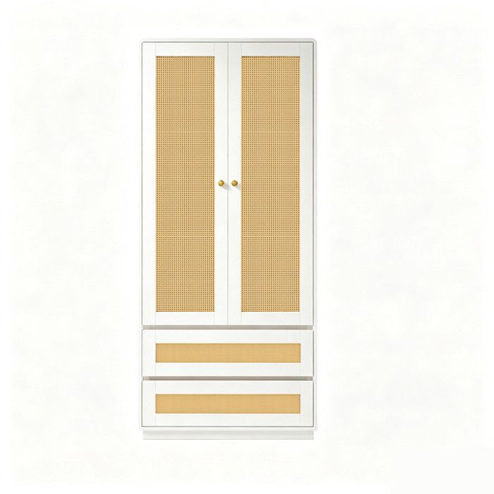 Armoire haute 70x55x170cm MDF blanc double porte rotin + rangement spacieux. Tiroirs inclus. Design moderne Chambre salon