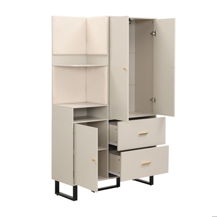 Meuble dentrée avec penderie – 3 portes 2 tiroirs tringle coulissante – MDF – Beige gris 110 x 38 x 186 cm