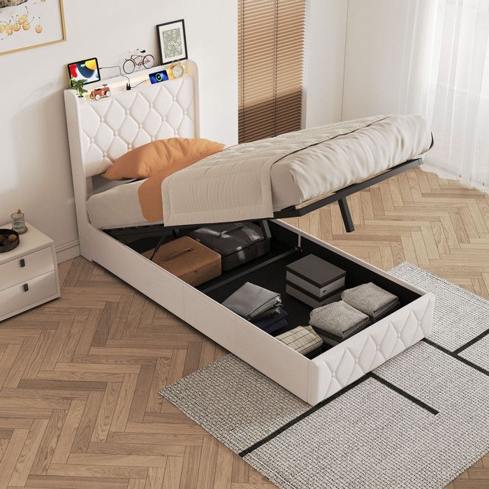 Lit coffre 90x200 cm lit simple avec LED intégrée et port de charge USB sommier à lattes espace de rangementveloursBeige