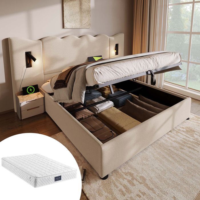 Lit coffre Double 160×200 cm avec 2 liseuses USB et USB Type-C sommier à lattes Matelas inclus Beige Lin