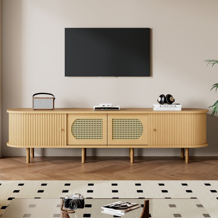 Meuble TV - 180 cm - en Effet Bois Clair et Cannage - Banc TV 2 Portes et 2 Portes à Rideau pour TV Jusqu’à 75 Pouces