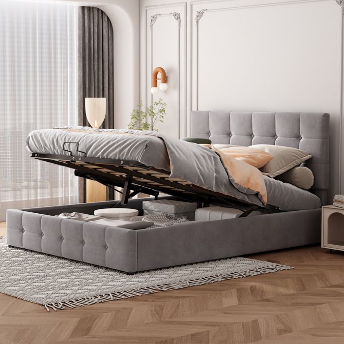 Lit double rembourré 140x200 cm en velours coloris gris matelas non inclus sommier à lattes coffre relevable tête de lit