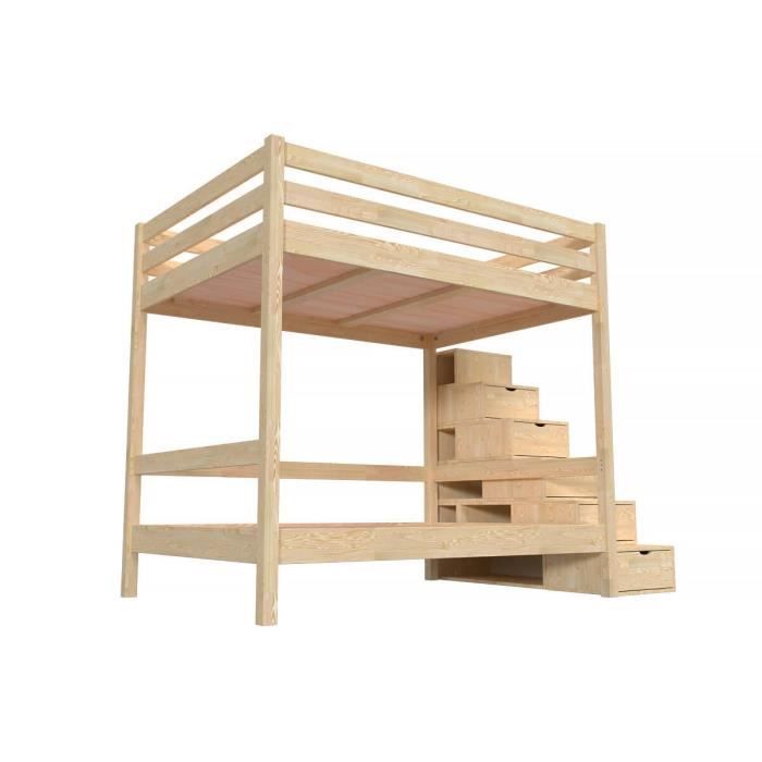 lit superposé adulte bois abc meubles sylvia 140x200 brut - 2 places - avec tiroirs - classique