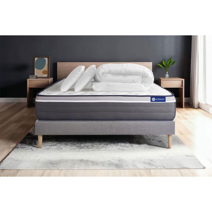 Pack lit complet 140x190 cm - Matelas + Sommier Gris (en kit) + 2 oreillers + Couette - ActiMemo Plu Pack lit complet 140x190 cm - Matelas + Sommier Gris (en kit) + 2 oreillers + Couette - ActiMemo Plu