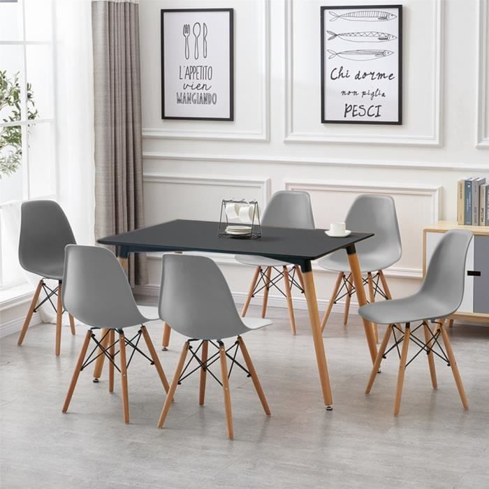 yis ensemble table à manger économique scandinave - table à manger noir + 6 chaises gris - pieds en bois hêtre - 110 x60 x75 cm
