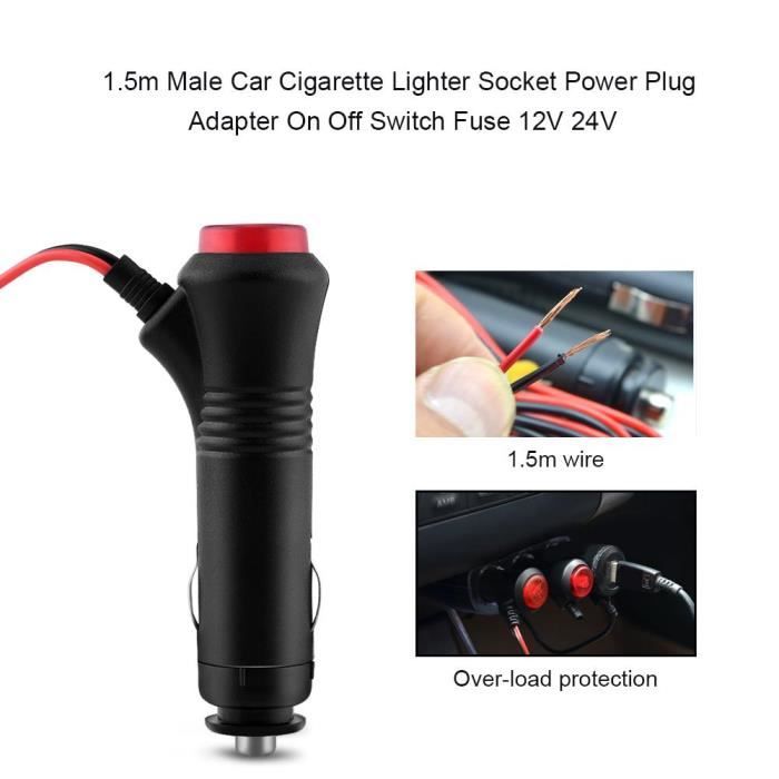 Adaptateur Allume-cigare Mâle 12V/24V - Avec Fusible 15A & LED - 30cm - Pour Voiture, Moto, Camion - Branchement Facile
