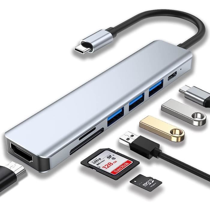 Hub USB C, adaptateur USB C 7 en 1 avec HDMI 4K 30 Hz, 100 W PD, lecteur de carte SD/TF, 2 USB A 3.0, 1 USB C pour MacBook Pro/Air, adaptateur