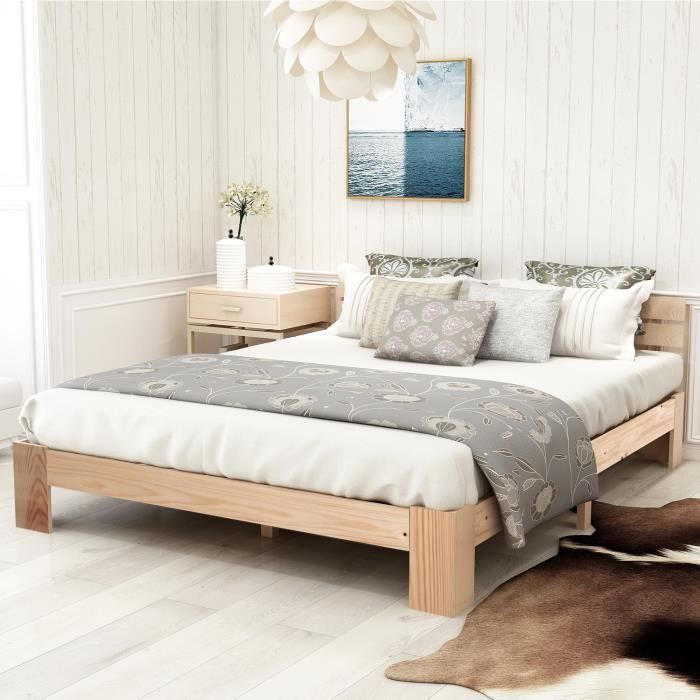 Modern Luxe Lit Double 2 Personnes Avec Sommier A Lattes En Bois Massif 200 X 140 Cm Beige Cdiscount Maison