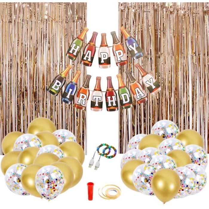 Decoration Anniversaire Fournitures de Fête Sur le Thème du Whisky de Bar Rideau à Franges et Guirlandes Lumineuses pour Fête D'anniversaire Homme/Femme Bannière Ballons en Aluminium 