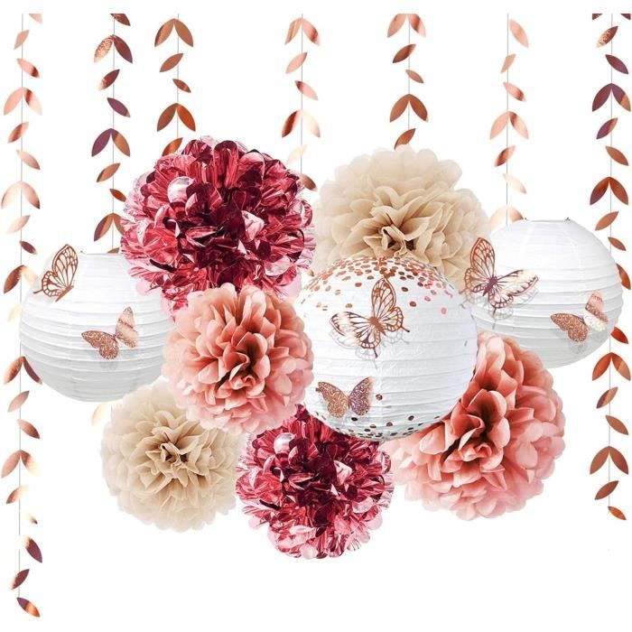 Kit Décoration Mariage Blanc - 20 Pièces Lanternes, Pompons, Fanions En Papier Kraft - Pour Salle, événement, Fête