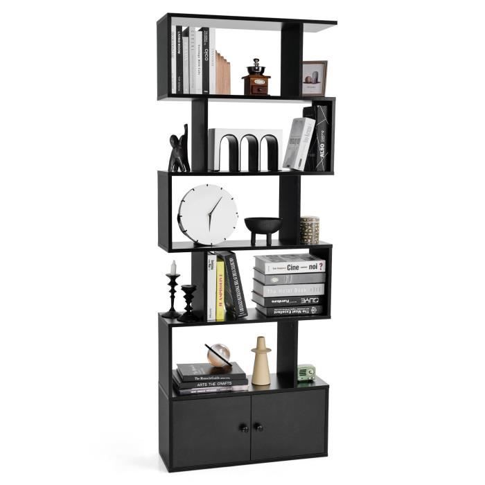 COSTWAY Bibliothèque à 6 Niveaux avec 2 Portes-70 x 23 x 183 CM-Étagère de Rangement en Bois Forme en S-Style Moderne-Noir