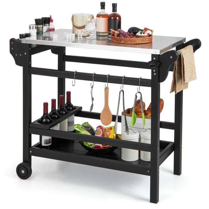 COSTWAY Chariot pour Plancha 105 x 54 x 85 cm-Plateau en Acier Inoxydable-Etagère à Epices-Support de Bouteilles-2 Roues 115+35 kg