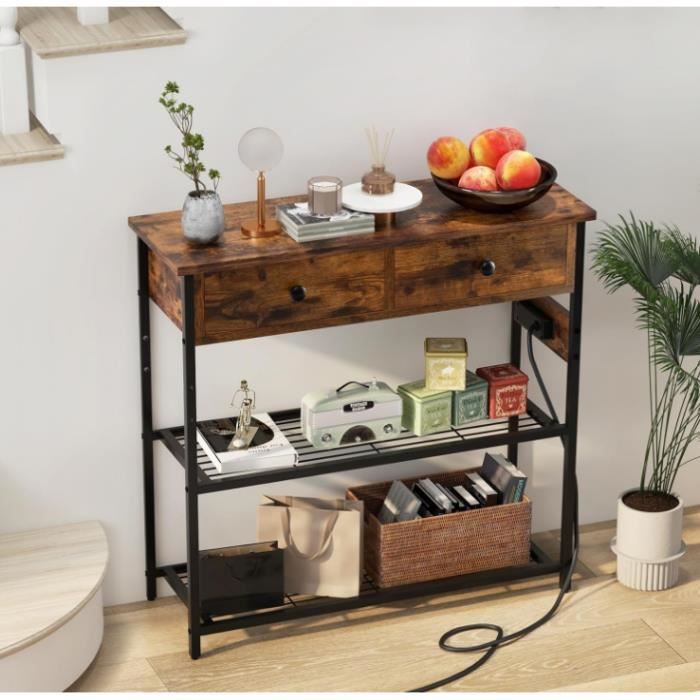 DREAMADE Table Console d'Entrée avec 2 Prises à Trois Trous, 2 Ports USB, 2 Etagères Ouvertes et 2 Tiroirs, pour Salon 81X30X81CM