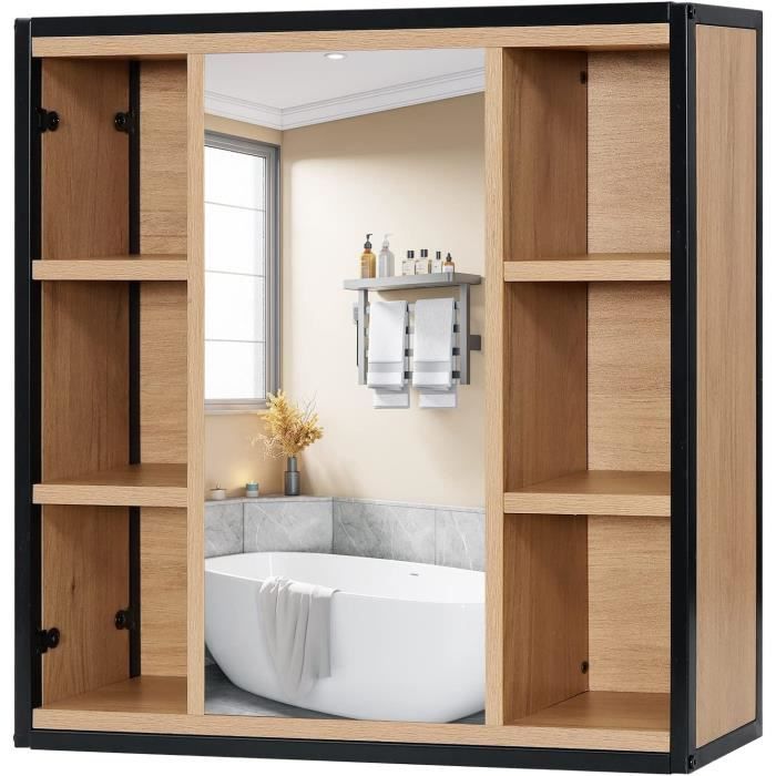 EUGAD Armoire Salle de Bain Rangement avec Miroir 6 Compartiments Ouverts en Bois d’Ingénierie et Métal 60x58x16cm