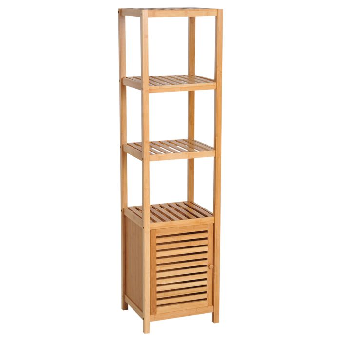 meuble colonne rangement salle de bain bambou design naturel 36l x 33l x 140h cm 2 étagères 4 niveaux + placard