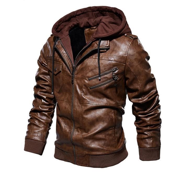 Veste Homme Hiver Chaud Polaire Veste Cuir Noir Blousons Capuche