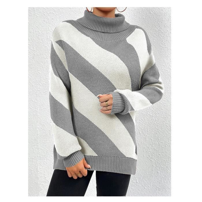 Pull en Tricoté Femme INSFITY Rayures Gris Blanc Col Roulé Manches  Longues