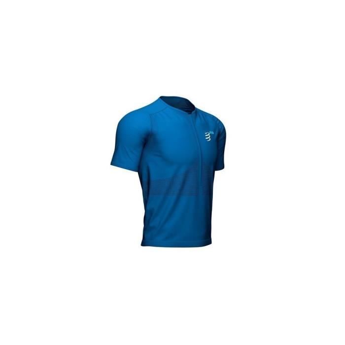 t-shirt de running homme compressport trail halfzip fitted ss bleu