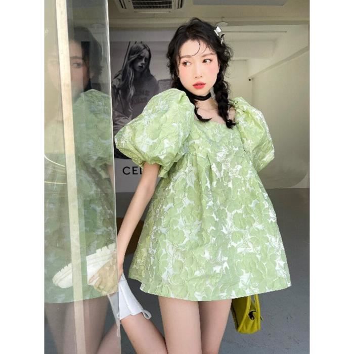 Mini Robe Verts CRAZE Mini robe à manches bouffantes courtes col carré robes d ...