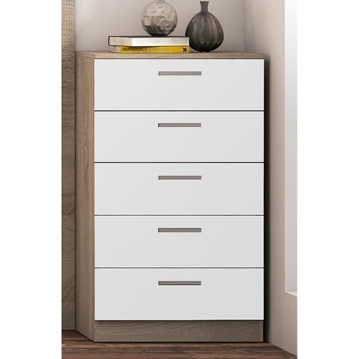 Chiffonnier PEGANE - Rangement 5 tiroirs - Chêne cambrian blanc - L60xP40xH102 7cm Chiffonnier PEGANE - Rangement 5 tiroirs - Chêne cambrian blanc - L60xP40xH102 7cm