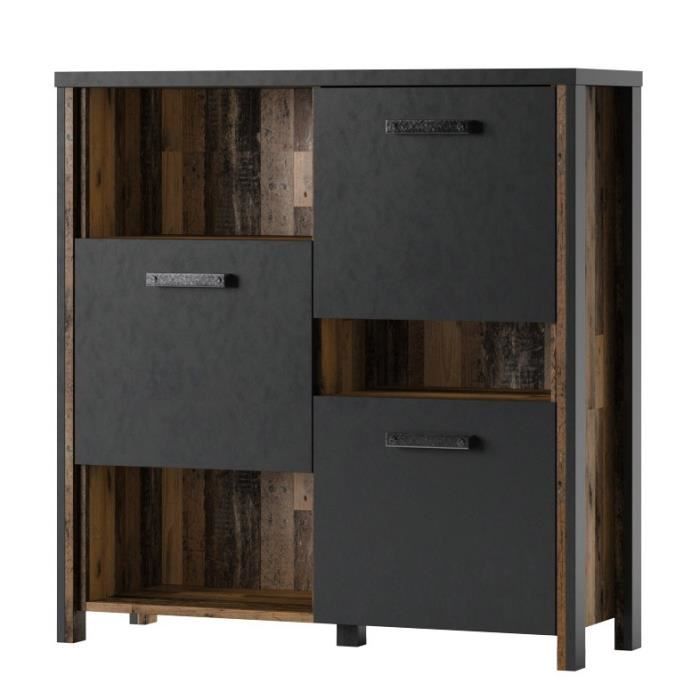Bahut 110cm collection WINDSOR. Coloris gris anthracite et chêne foncé.