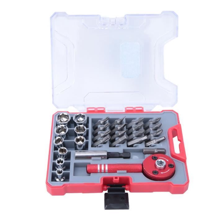 SPEEDWOX Lot de 28 tournevis à angle droit de 6,35 mm, mini clé à cliquet à 72 dents, 28 tournevis à angle droit et embout avec douille métrique, cliquet étroit pour espaces