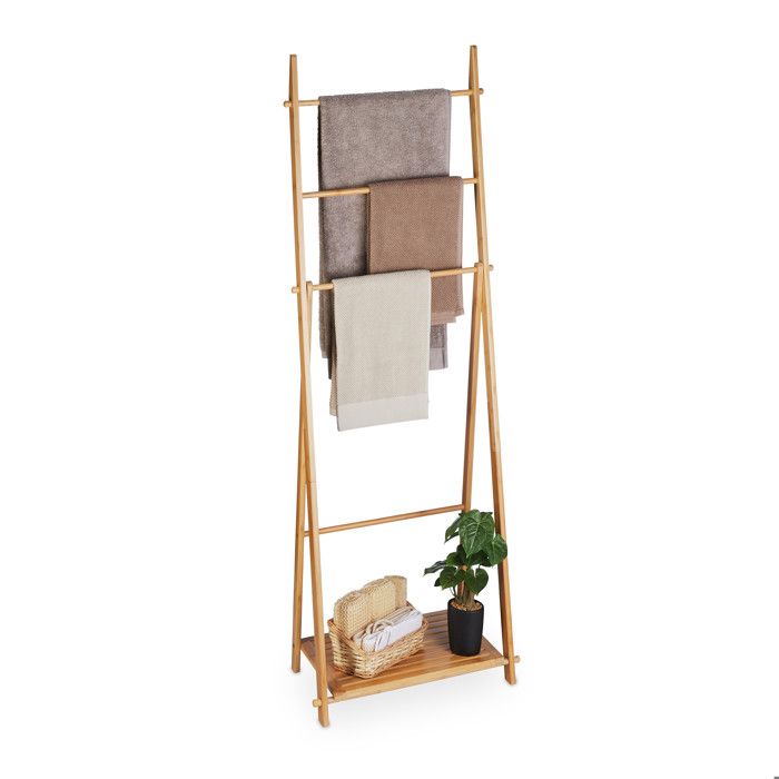 Relaxdays Porte-serviettes en bambou 4 barres 1 étagère HxLxP : 153 x 53 5 x 30 cm non fixe salle de bain nature