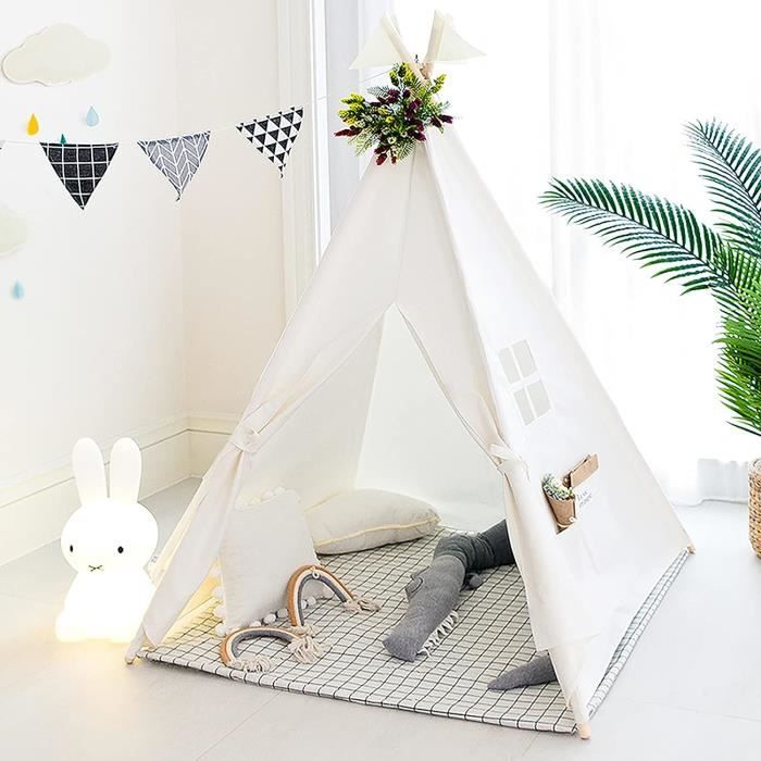 Tente Tipi TreeBud Pour Enfants - Toile Coton, Tapis, Décorations - 120x120x160cm - Ivoire