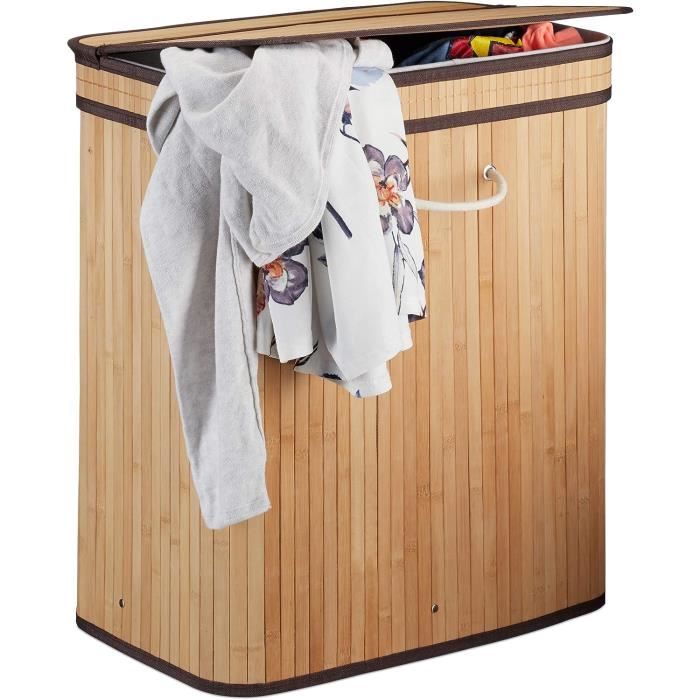 Panier à Linge 2 Compartiments Avec Roulettes - 80 L, Bambou Et Tissu Gris, Dimensions 76x65x35 Cm