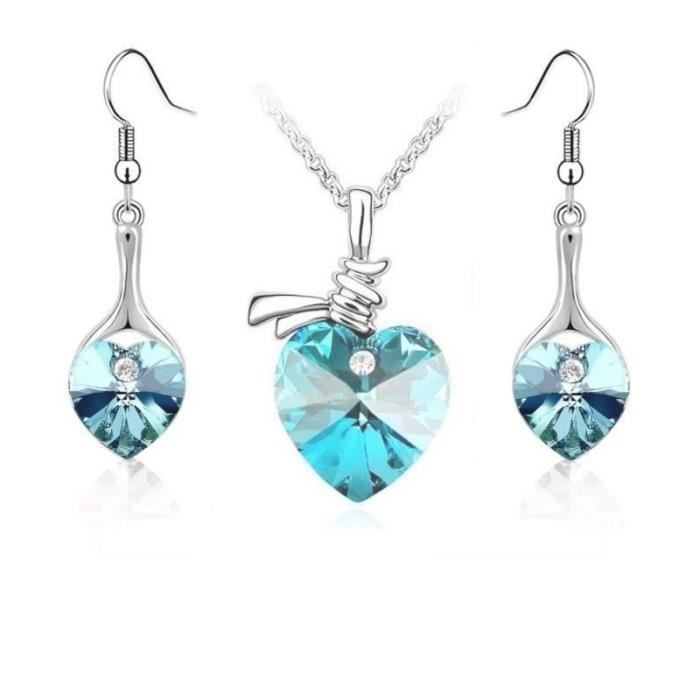Parure Bijoux - Femme - Coeur - Cristal Autrichien - Turquoise - Plaqué Or Blanc 750/1000 - 4 Pièces