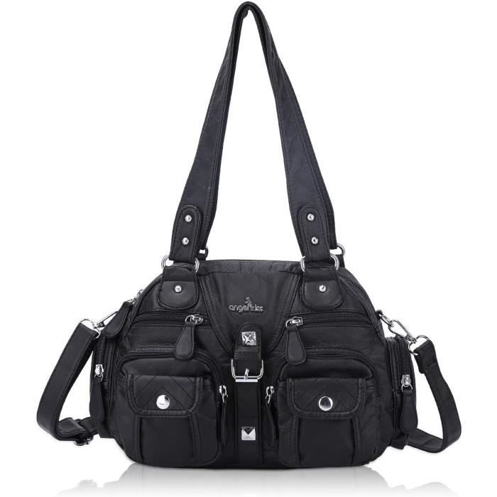Angel Kiss Sac à Main Femme En Cuir Végétalien Lavé – Grand Sac Bandoulière Élégant Et Pratique, Multi-Poches