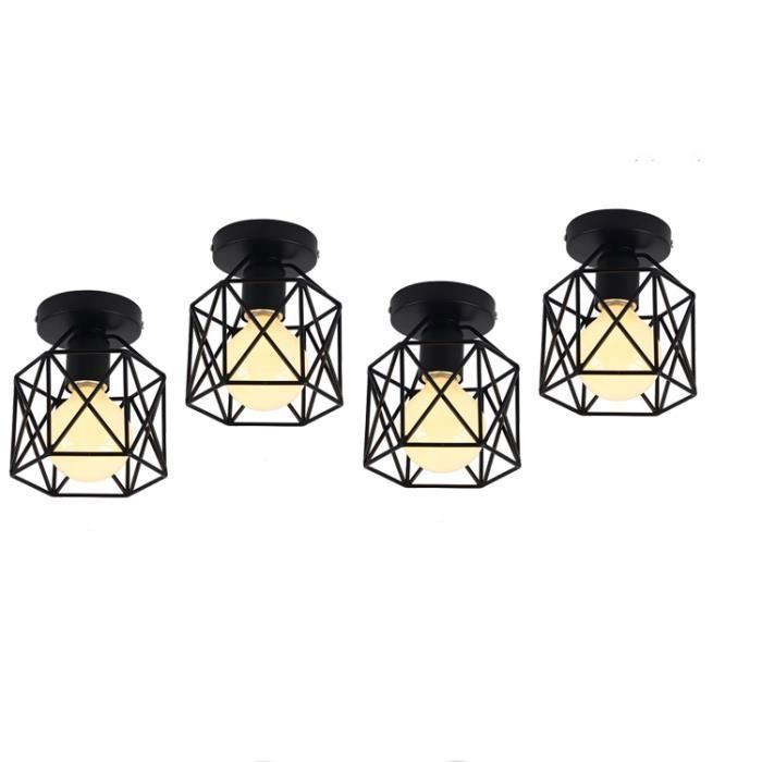 UNI Lot de 4 Plafonnier Industrielle Retro en Métal Cube Carré Fer Suspension luminaire pour Salon Chambre Bar Salle à Manger Noir