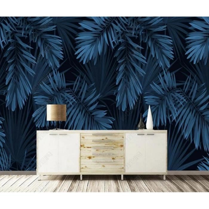 Papier Peint Panoramique Feuilles De Plantes Tropicales Bleu Foncé ...