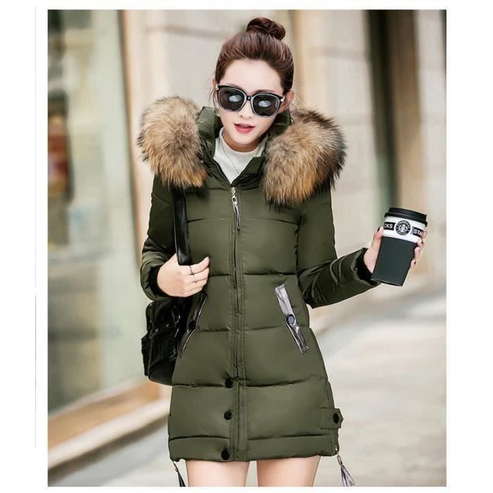 FUNMOON Doudoune Femmes Capuche Fourrure Longue Chaude Fermeture Eclair Prolonge Avec Gros Boutons Vernis Noir Elegants Vert Cdiscount Pret a Porter