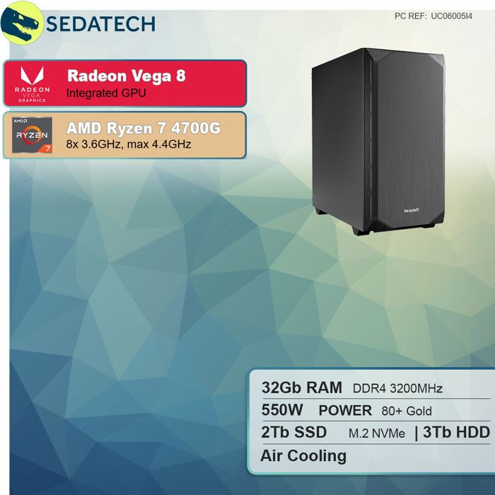 Sedatech PC de bureau AMD Ryzen 7 4700G 8x 3.6Ghz Radeon Vega