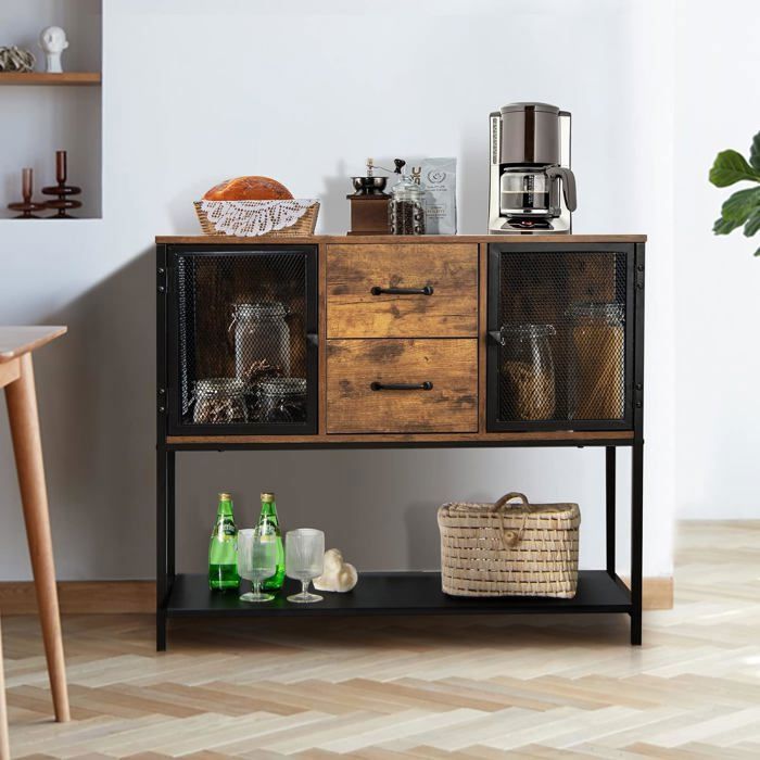 Banc Chaussures Entrée GIANTEX Buffet De Cuisine Avec 2 Portes En Verre Trempé 2 Etagères Commode Chambre Adulte